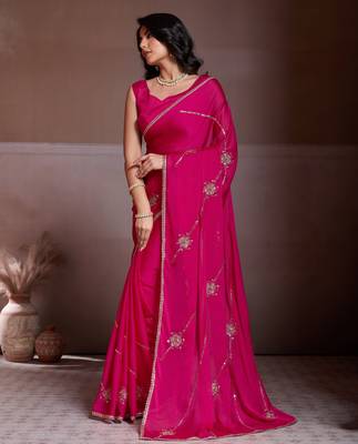 Charming pink crush silk c-pallu beads embroidery work saree with crush silk blouse 4