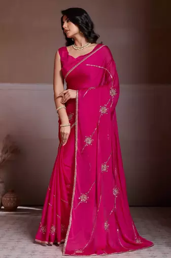Charming pink crush silk c-pallu beads embroidery work  saree with crush silk blouse