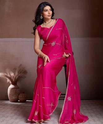Charming pink crush silk c-pallu beads embroidery work saree with crush silk blouse 5