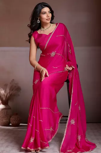 Charming pink crush silk c-pallu beads embroidery work  saree with crush silk blouse