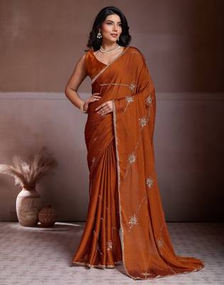 Colorful rust orange crush silk c-pallu beads embroidery work saree with crush silk blouse 1