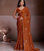 Colorful rust orange crush silk c-pallu beads embroidery work  saree with crush silk blouse