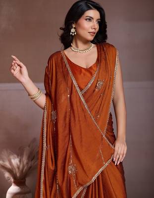 Colorful rust orange crush silk c-pallu beads embroidery work saree with crush silk blouse 2