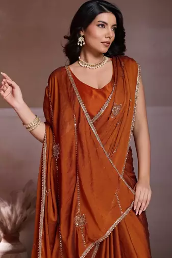 Colorful rust orange crush silk c-pallu beads embroidery work  saree with crush silk blouse