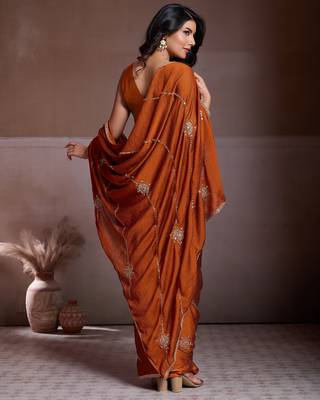 Colorful rust orange crush silk c-pallu beads embroidery work saree with crush silk blouse 3