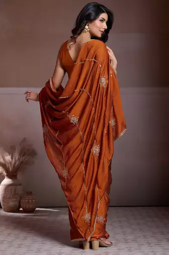Colorful rust orange crush silk c-pallu beads embroidery work  saree with crush silk blouse