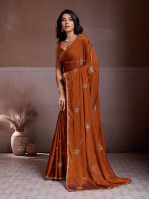 Colorful rust orange crush silk c-pallu beads embroidery work saree with crush silk blouse 4