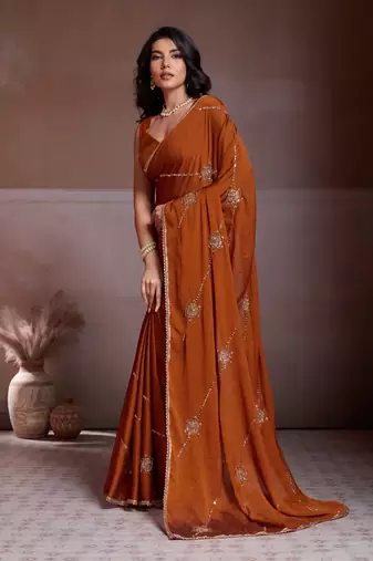 Colorful rust orange crush silk c-pallu beads embroidery work  saree with crush silk blouse