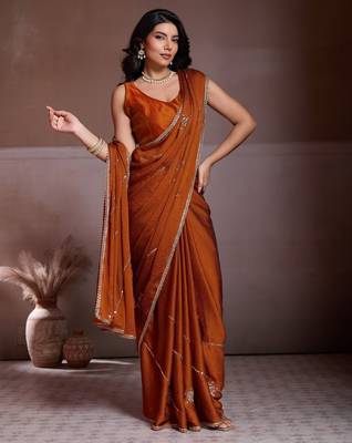 Colorful rust orange crush silk c-pallu beads embroidery work saree with crush silk blouse 5