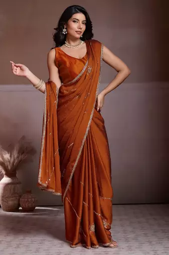 Colorful rust orange crush silk c-pallu beads embroidery work  saree with crush silk blouse