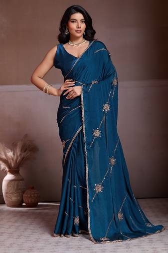 Comely teal blue crush silk c-pallu beads embroidery work  saree with crush silk blouse