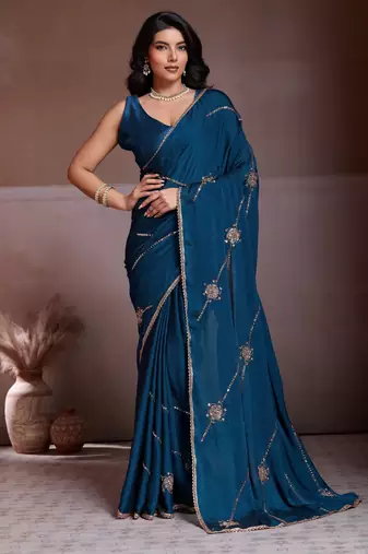 Comely teal blue crush silk c-pallu beads embroidery work  saree with crush silk blouse