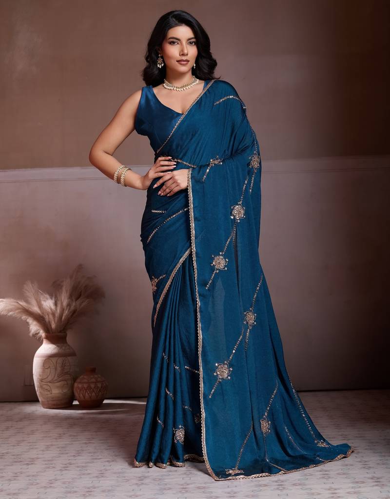 Comely teal blue crush silk c-pallu beads embroidery work  saree with crush silk blouse
