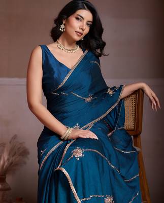 Comely teal blue crush silk c-pallu beads embroidery work saree with crush silk blouse 2