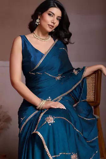 Comely teal blue crush silk c-pallu beads embroidery work  saree with crush silk blouse