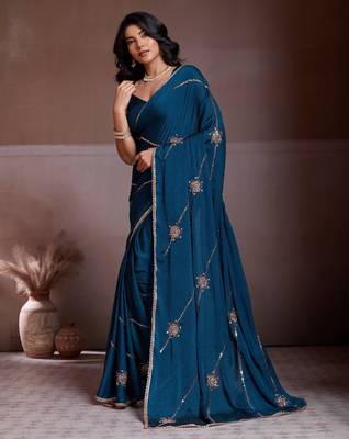Comely teal blue crush silk c-pallu beads embroidery work saree with crush silk blouse 3