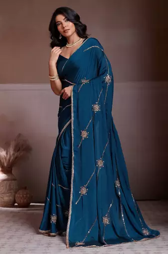 Comely teal blue crush silk c-pallu beads embroidery work  saree with crush silk blouse