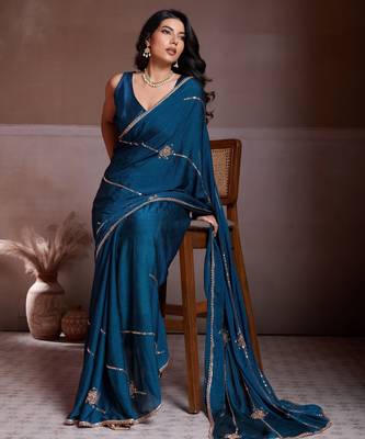 Comely teal blue crush silk c-pallu beads embroidery work saree with crush silk blouse 4