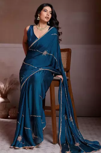 Comely teal blue crush silk c-pallu beads embroidery work  saree with crush silk blouse