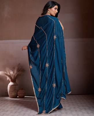 Comely teal blue crush silk c-pallu beads embroidery work saree with crush silk blouse 5