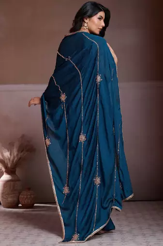 Comely teal blue crush silk c-pallu beads embroidery work  saree with crush silk blouse