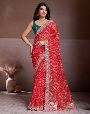 Delightfully red georgette bandhej print with cutwork lace border saree with mono banglory silk blouse 1