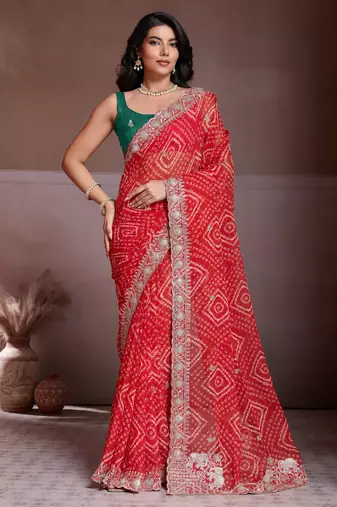 Delightfully red georgette bandhej print with cutwork lace border saree with mono banglory silk blouse