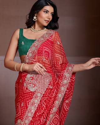 Delightfully red georgette bandhej print with cutwork lace border saree with mono banglory silk blouse 2