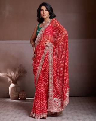Delightfully red georgette bandhej print with cutwork lace border saree with mono banglory silk blouse 3