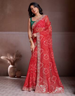Delightfully red georgette bandhej print with cutwork lace border saree with mono banglory silk blouse 4