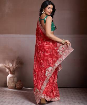 Delightfully red georgette bandhej print with cutwork lace border saree with mono banglory silk blouse 5