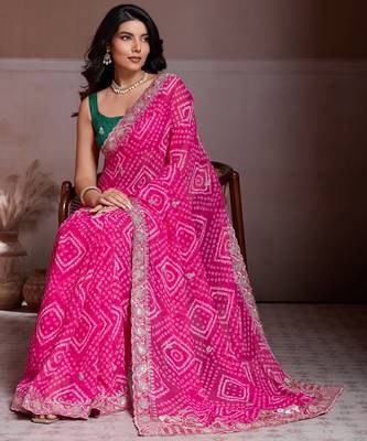 Attractive pink georgette bandhej print with cutwork lace border saree with mono banglory silk blouse 2