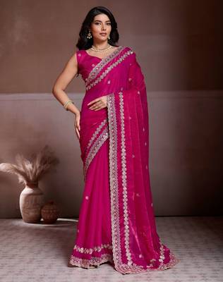 Captivating pink fendy chiffon c-pallu embroidery work border saree with mono banglory silk blouse 1
