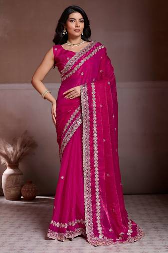 Captivating pink fendy chiffon c-pallu embroidery work border saree with mono banglory silk blouse