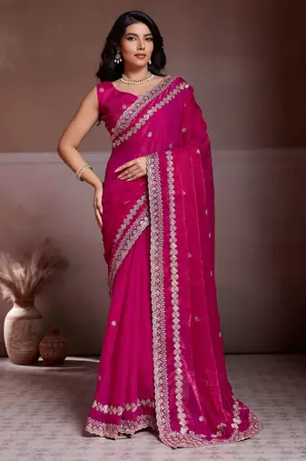 Captivating pink fendy chiffon c-pallu embroidery work border saree with mono banglory silk blouse