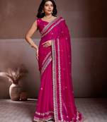Captivating pink fendy chiffon c-pallu embroidery work border saree with mono banglory silk blouse