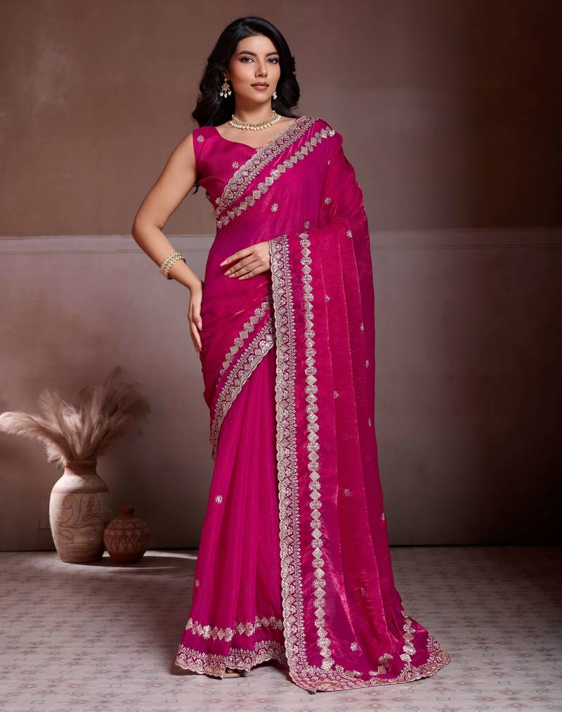 Captivating pink fendy chiffon c-pallu embroidery work border saree with mono banglory silk blouse