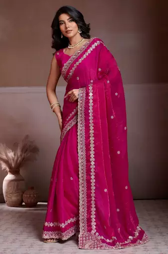 Captivating pink fendy chiffon c-pallu embroidery work border saree with mono banglory silk blouse
