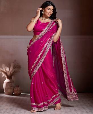 Captivating pink fendy chiffon c-pallu embroidery work border saree with mono banglory silk blouse 4