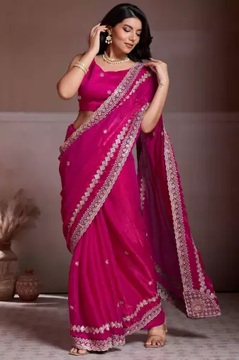 Captivating pink fendy chiffon c-pallu embroidery work border saree with mono banglory silk blouse