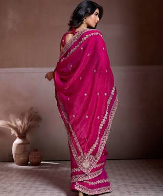 Captivating pink fendy chiffon c-pallu embroidery work border saree with mono banglory silk blouse 5