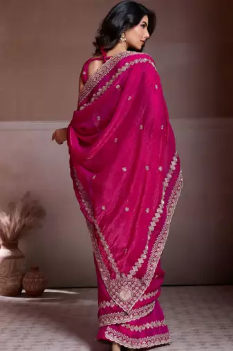 Captivating pink fendy chiffon c-pallu embroidery work border saree with mono banglory silk blouse