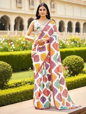 Appealing multicolor+white georgette bandhej print with lace border saree with mono banglory silk blouse 1