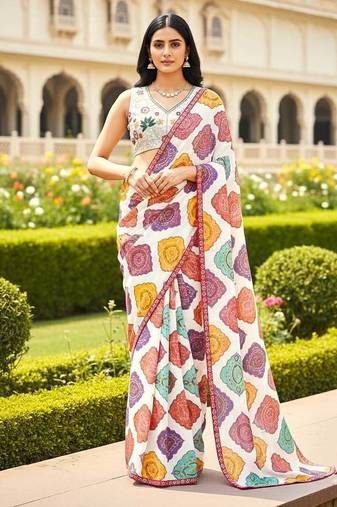 Appealing multicolor+white georgette bandhej print with lace border saree with mono banglory silk blouse
