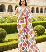 Appealing multicolor+white georgette bandhej print with lace border saree with mono banglory silk blouse