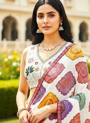 Appealing multicolor+white georgette bandhej print with lace border saree with mono banglory silk blouse 2