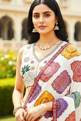 Appealing multicolor+white georgette bandhej print with lace border saree with mono banglory silk blouse