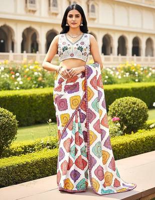 Appealing multicolor+white georgette bandhej print with lace border saree with mono banglory silk blouse 3