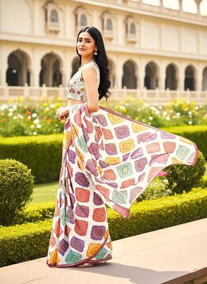 Appealing multicolor+white georgette bandhej print with lace border saree with mono banglory silk blouse 4