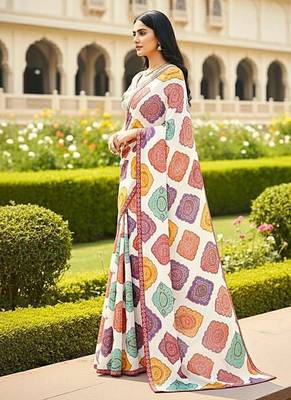 Appealing multicolor+white georgette bandhej print with lace border saree with mono banglory silk blouse 5